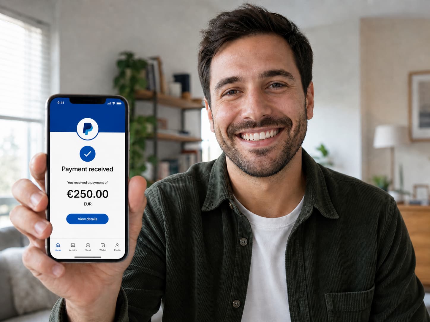 Umfragen Geld verdienen PayPal. Mann zeigt sein Handy mit Paypal Einnahmen